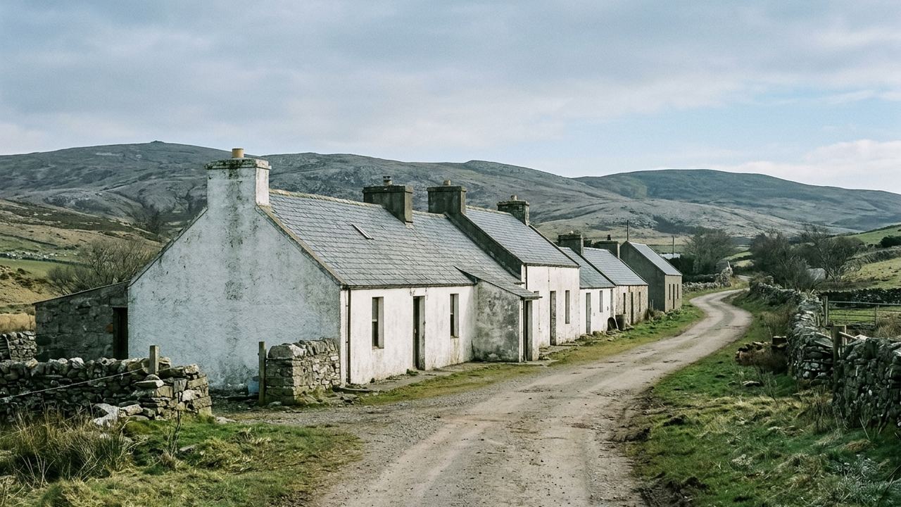 A row of low whitewashed farm buildings stepping away along a track, bare hills behind, cool clear light