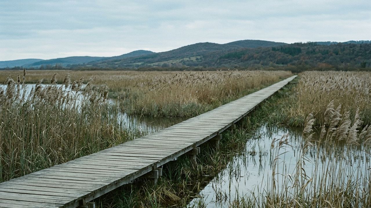 A level boardwalk of evenly spaced planks running straight across a reed marsh toward low hills