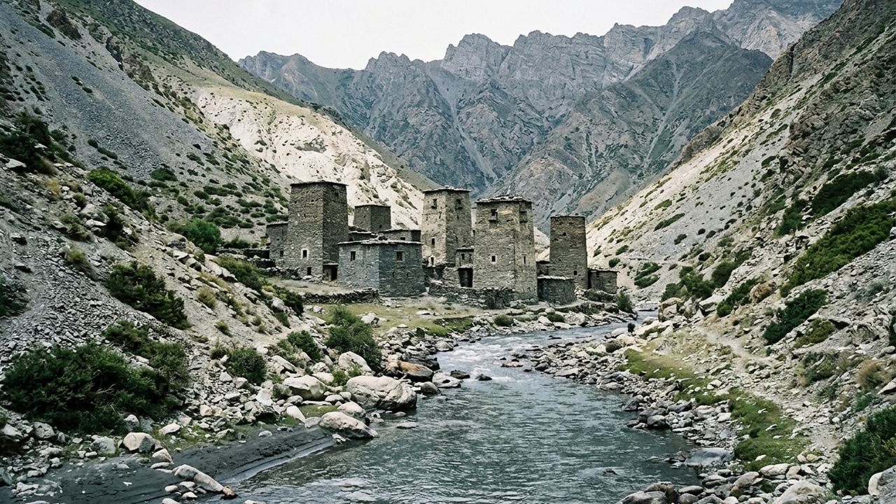 A steep valley of grey rock with stone tower houses on the flat floor, a river of clear water