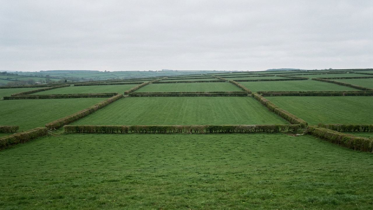 A row of identical small green fields divided by clipped hedges, seen from a low rise, soft grey light