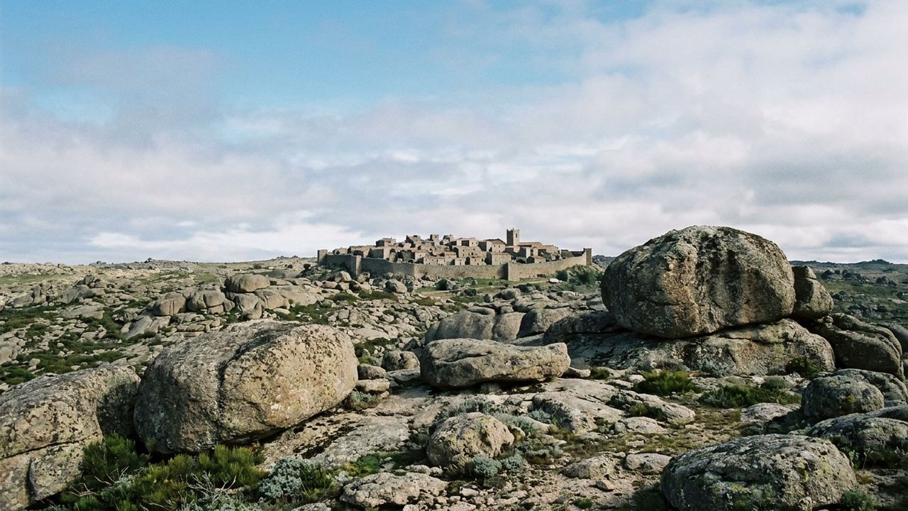 A granite plateau strewn with enormous rounded boulders, a walled hill town far off, hard light