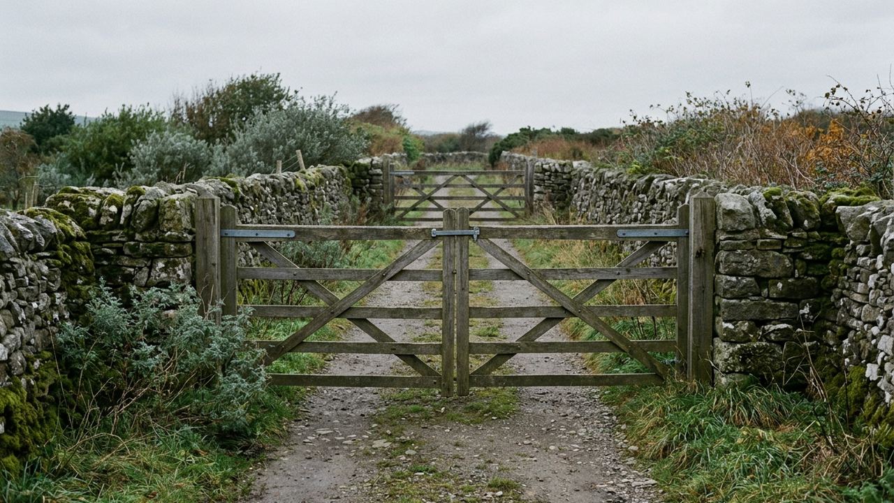 A closed timber gate at the head of a walled lane, further gates visible receding beyond it, overcast