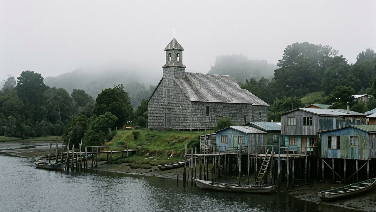 A wooden shingled church and stilt houses above a grey tidal channel, fog, southern Chile