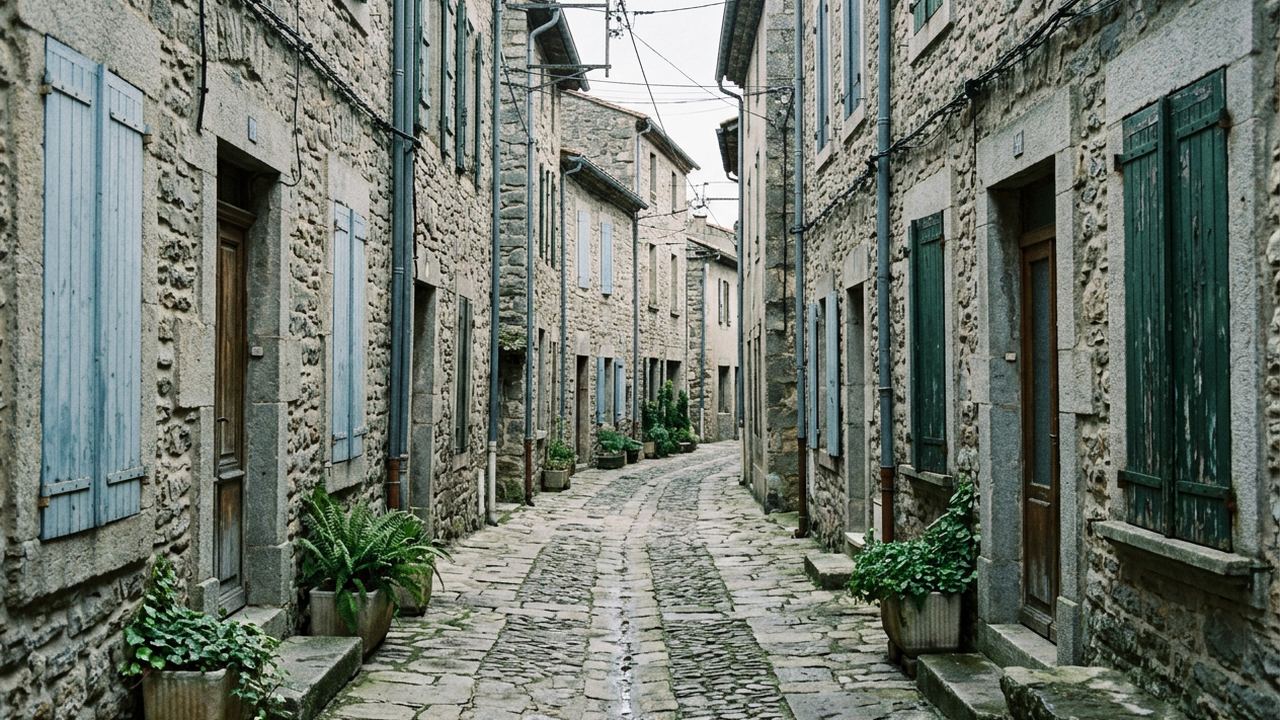 A village street of narrow stone houses receding in a row, shuttered windows, damp cobbles, even daylight