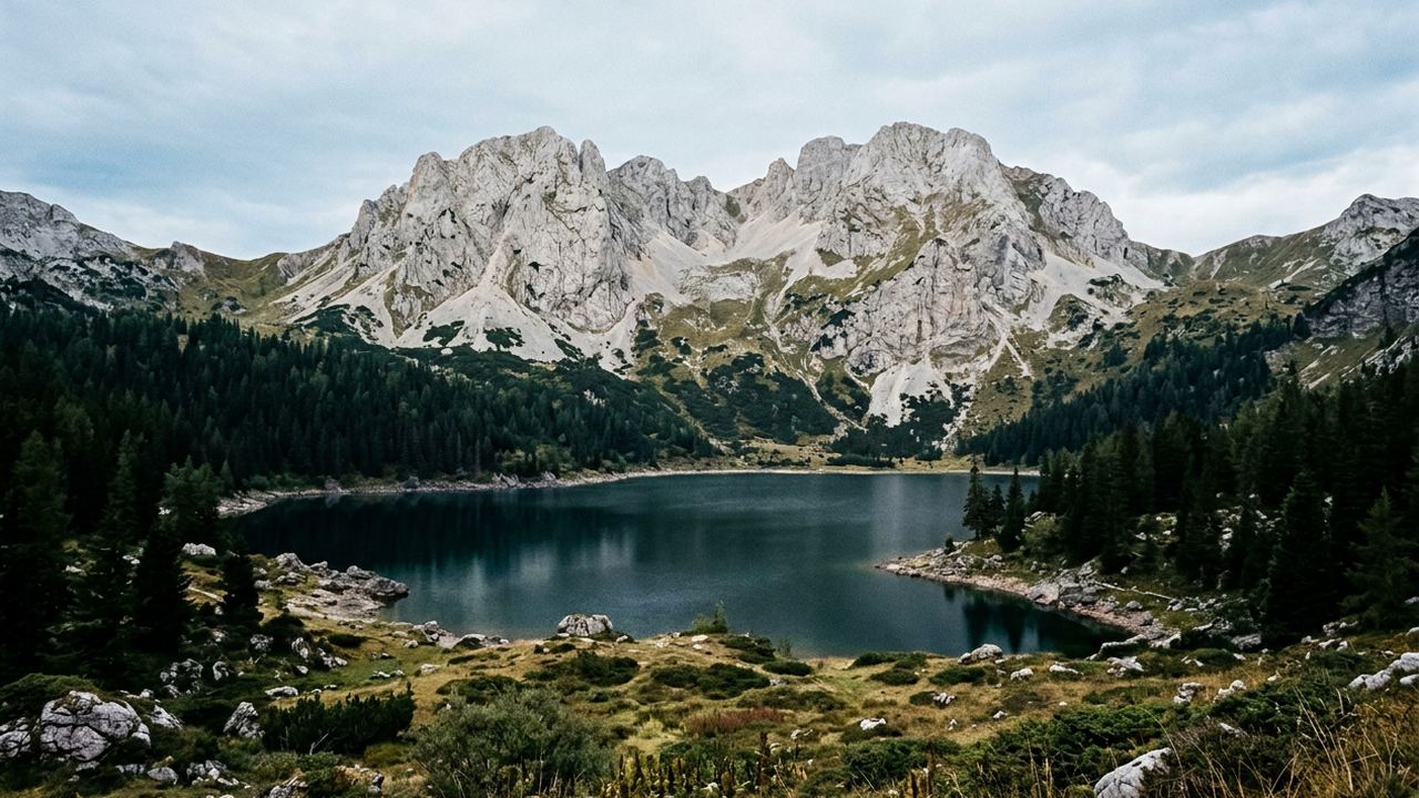Pale limestone peaks above a dark glacial lake ringed with pine, high pasture, hard mountain light