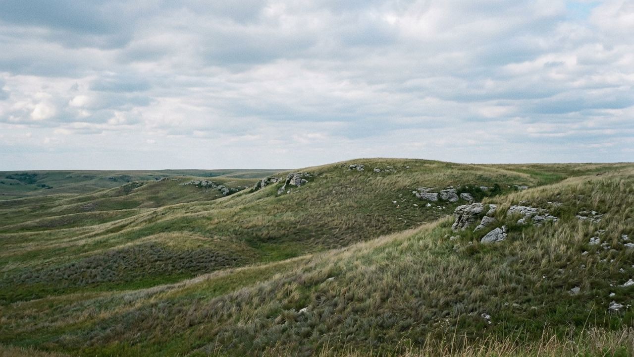 Rolling tallgrass prairie with limestone outcrops breaking the slope, enormous sky