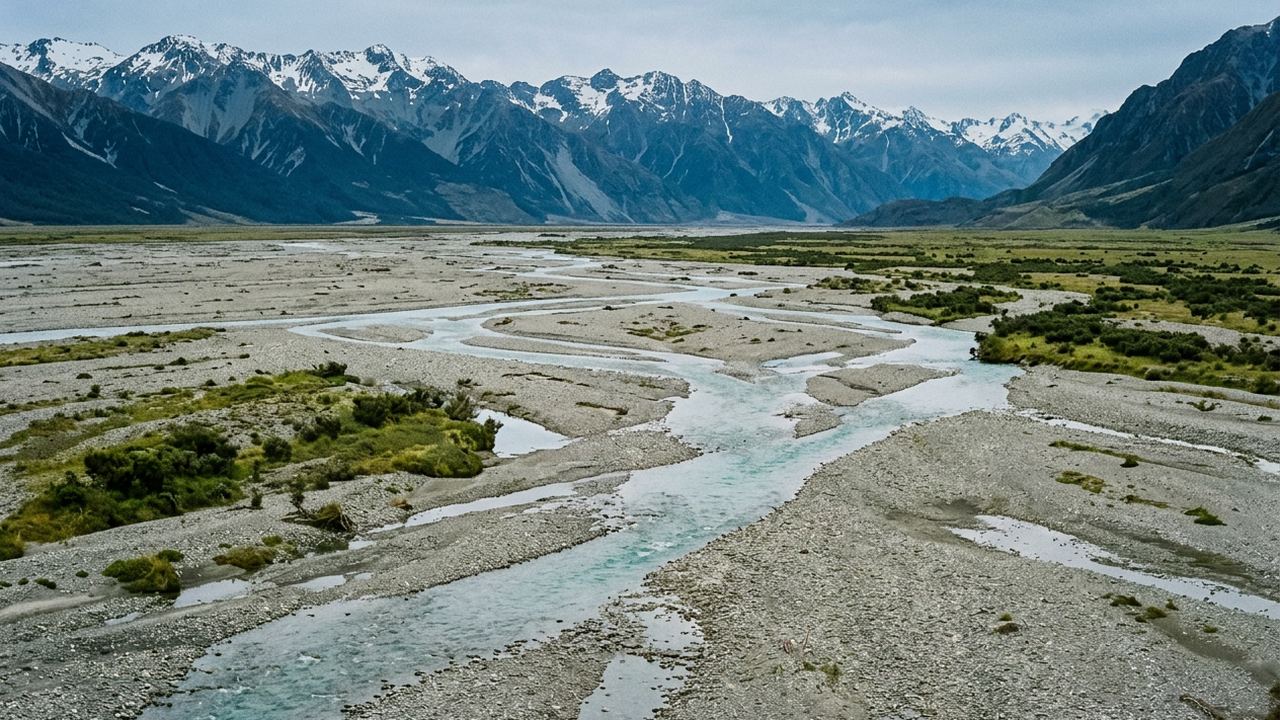 A wide flat valley floor of pale gravel braided with meltwater channels, mountains far off, clear cold light
