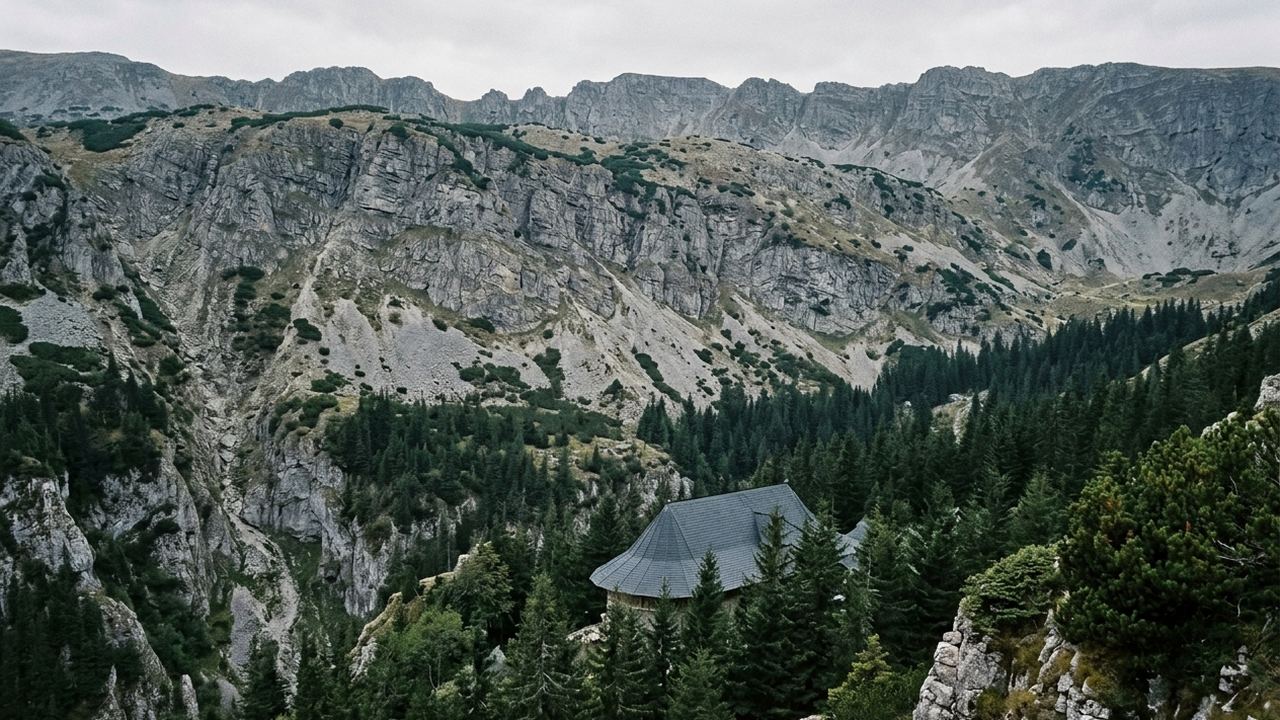 The southern wall of the Carpathians above a gorge with a monastery roof among trees