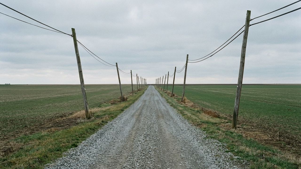 A gravel track running away between two lines of leaning wooden poles across flat farmland, grey sky