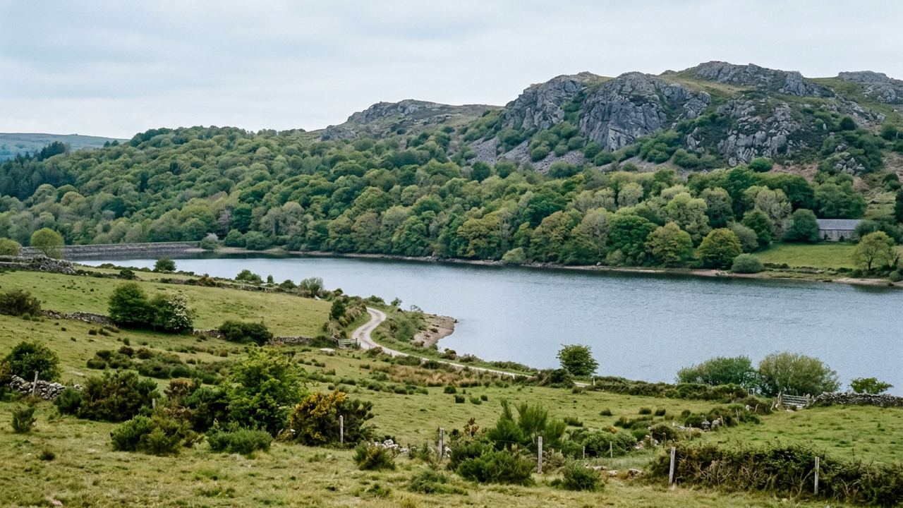 Granite hills under beech forest with a reservoir below, cattle pasture, soft French light