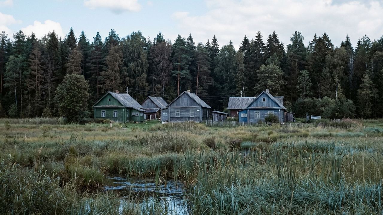 Painted wooden houses at the edge of dense old lowland forest, marsh meadow in front