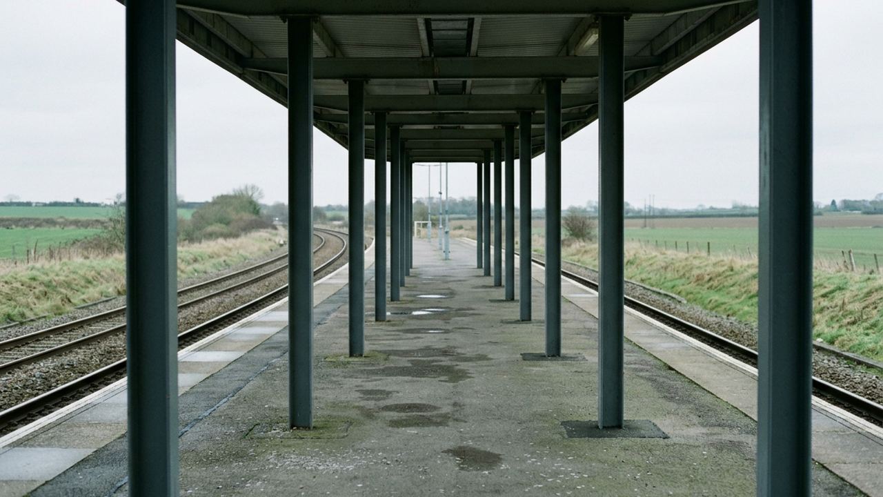 An empty station platform with a receding row of plain canopy columns, track curving away into fields