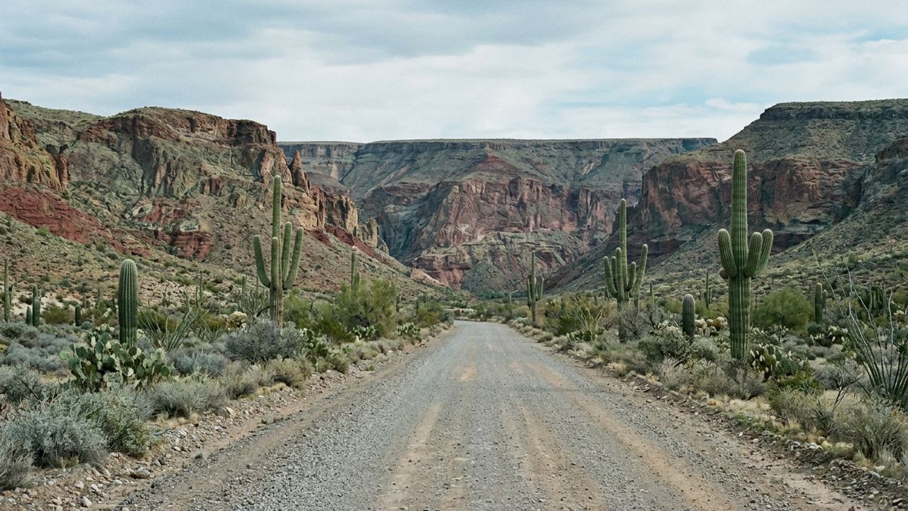 Red rock canyon walls above a dry valley floor with cactus and a straight gravel road
