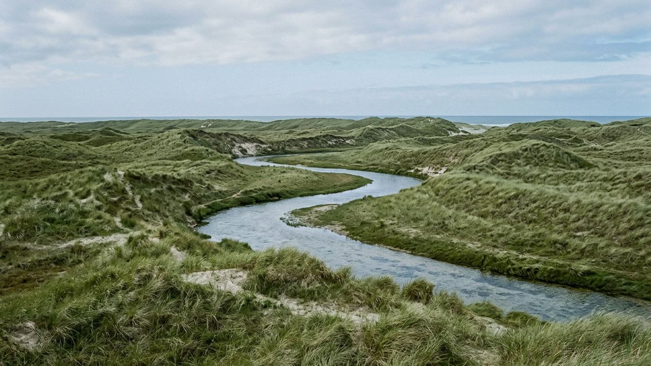 Grass-covered sand dunes rolling to the horizon with a spring-fed river winding between them