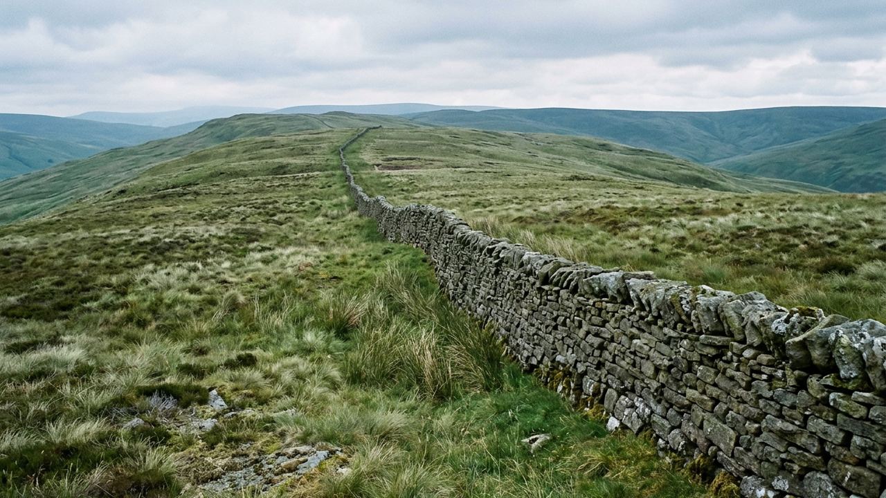 A long drystone wall running away over a green fell, stones in even courses, cool light