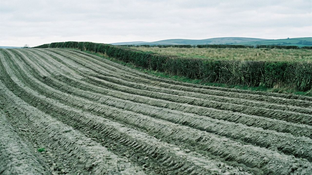 Ploughed furrows in receding parallel bands across a low hillside toward a hedge line