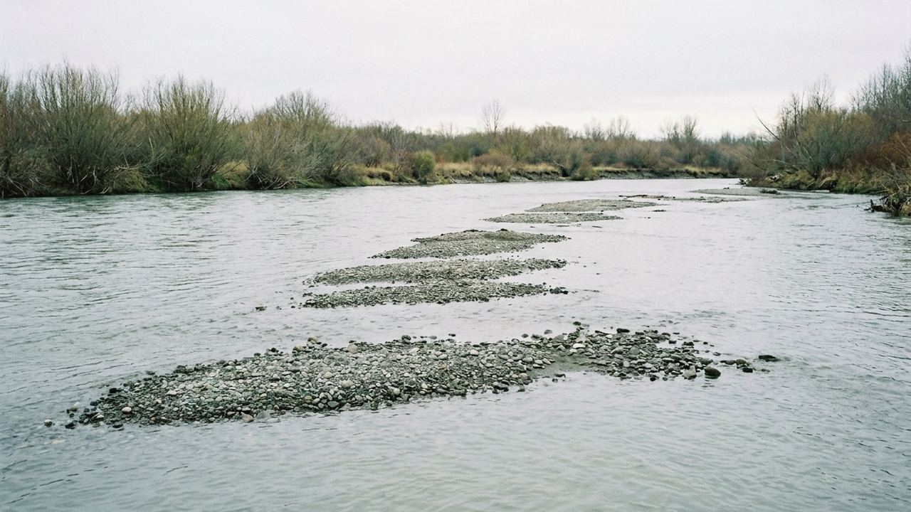 A wide river with a receding series of low gravel bars, pale water, bare willows on the far bank