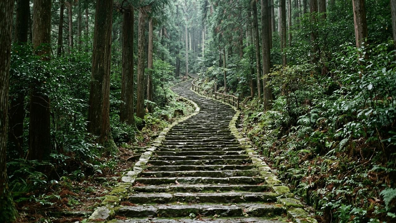 A long flight of mossy stone temple steps climbing into cedar forest on a Japanese hillside