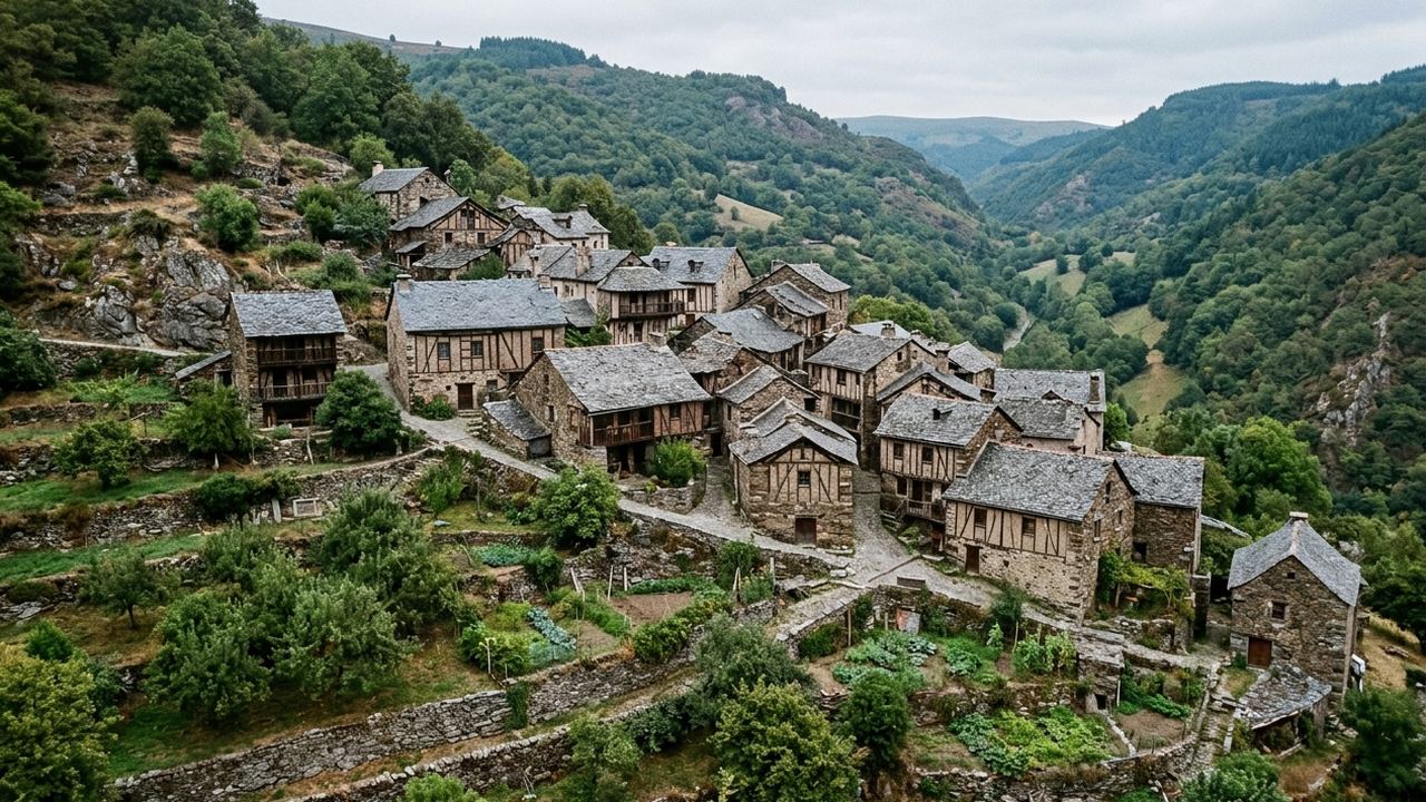 A timber-framed hill village of slate roofs on a steep chestnut slope, terraced orchards