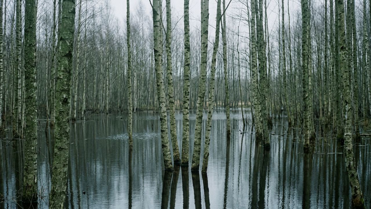 A flooded flat forest of birch with dark still water standing between the trunks, grey light