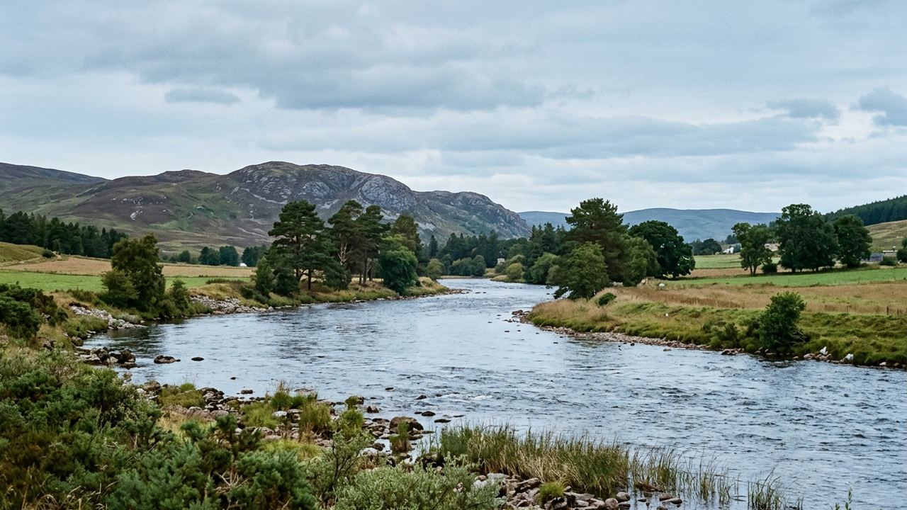 A wide salmon river through farmland and pine with low hills behind, cool Scottish light