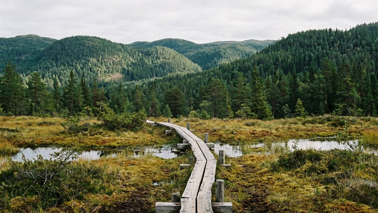 Rounded forested hills with a peat bog boardwalk crossing open moss, cool northern light