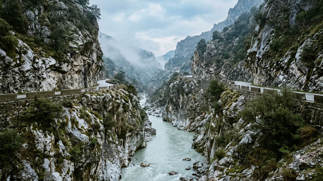 A narrow marble gorge with a road cut into the cliff high above a pale river, mist