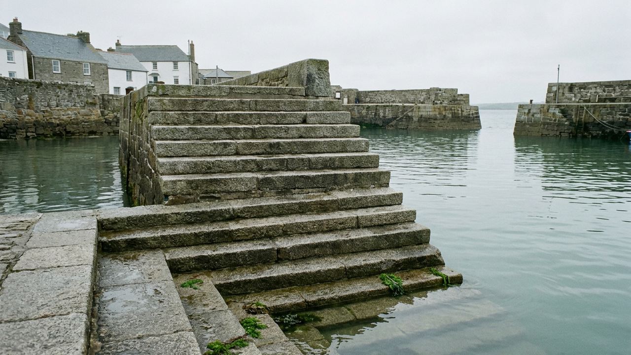 A stepped stone quayside descending in even courses into calm harbour water, cool overcast