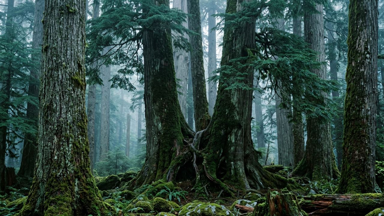 Enormous ancient cedars in dense moss forest with mist between the trunks, deep green